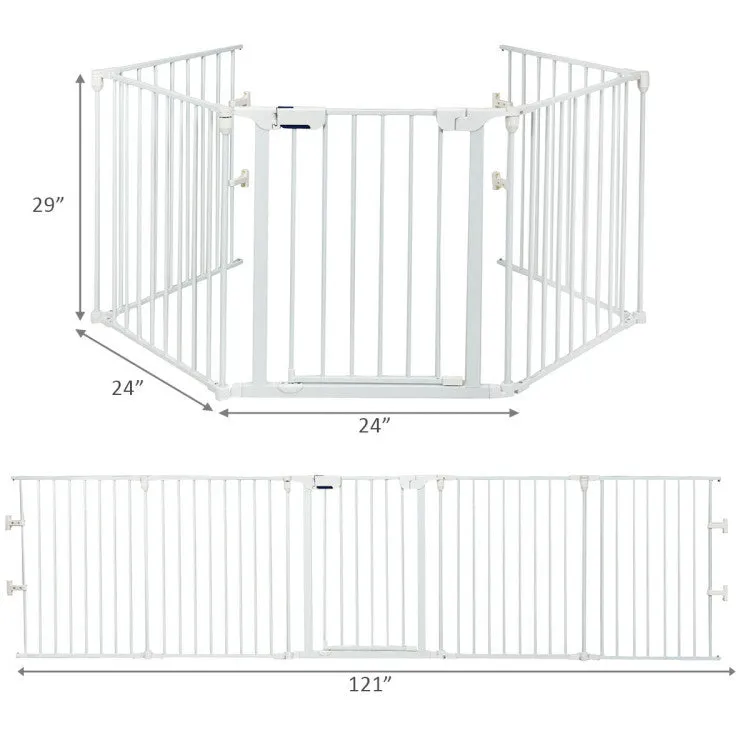 115 Inch Length 5 Panel Adjustable Wide Fireplace Fence - White