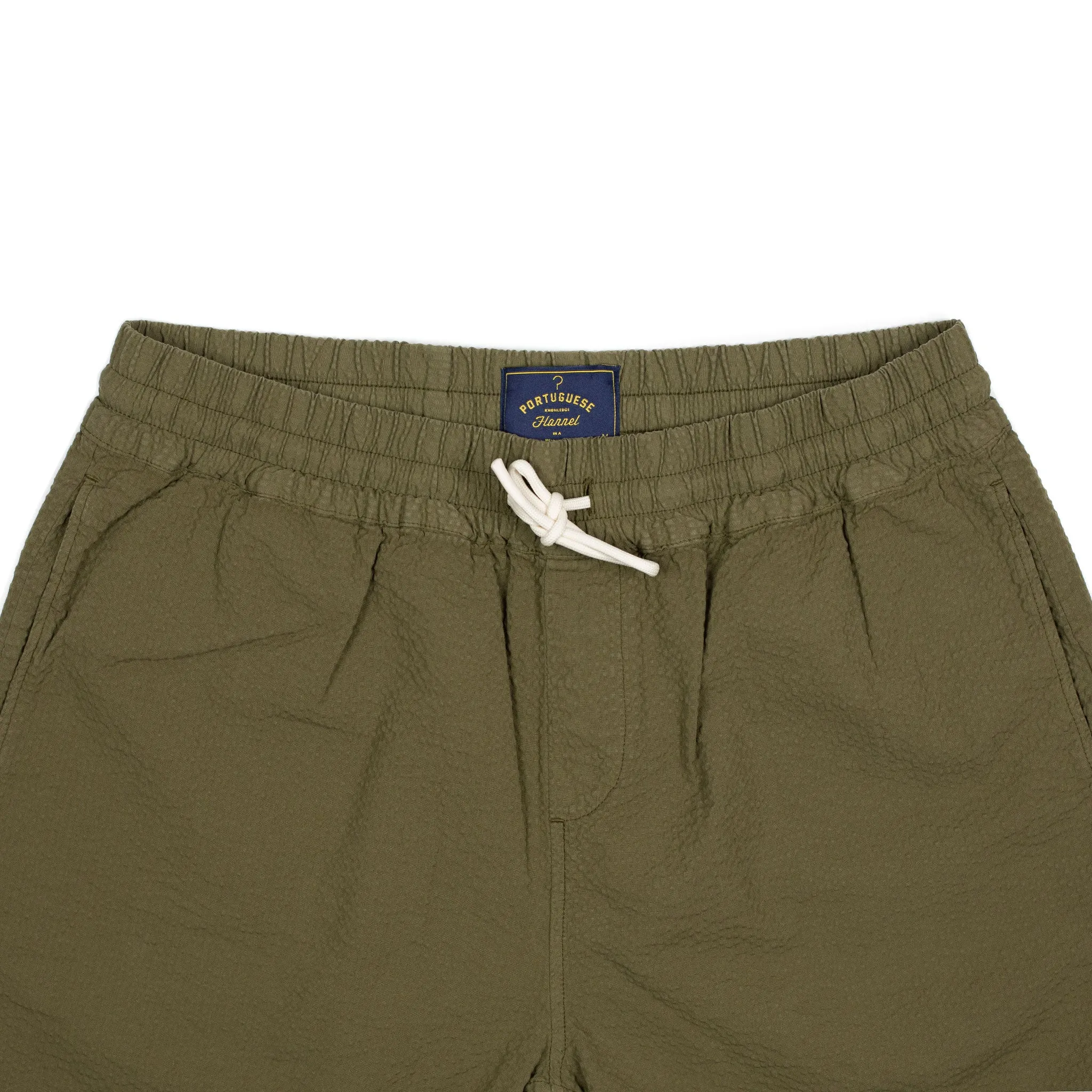 Atlantico easy shorts in olive green cotton seersucker