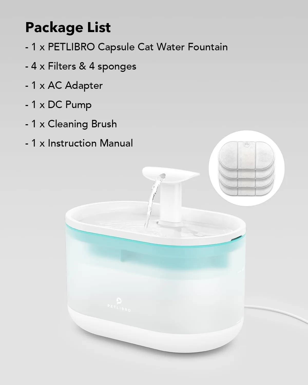 Cat Water Fountain with Two Flow Modes and 4 Large Filters, 71fl oz/2.1L Pet Water Fountain, BPA-Free