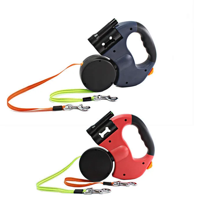 Dual Headed Pet Leashes with Flashlight Garbage Bag Box Automatic Retractable Dogs Traction Rope / Correas para mascotas de dos cabezales con linterna, caja para bolsas de basura, cuerda de tracción retráctil automática para perros