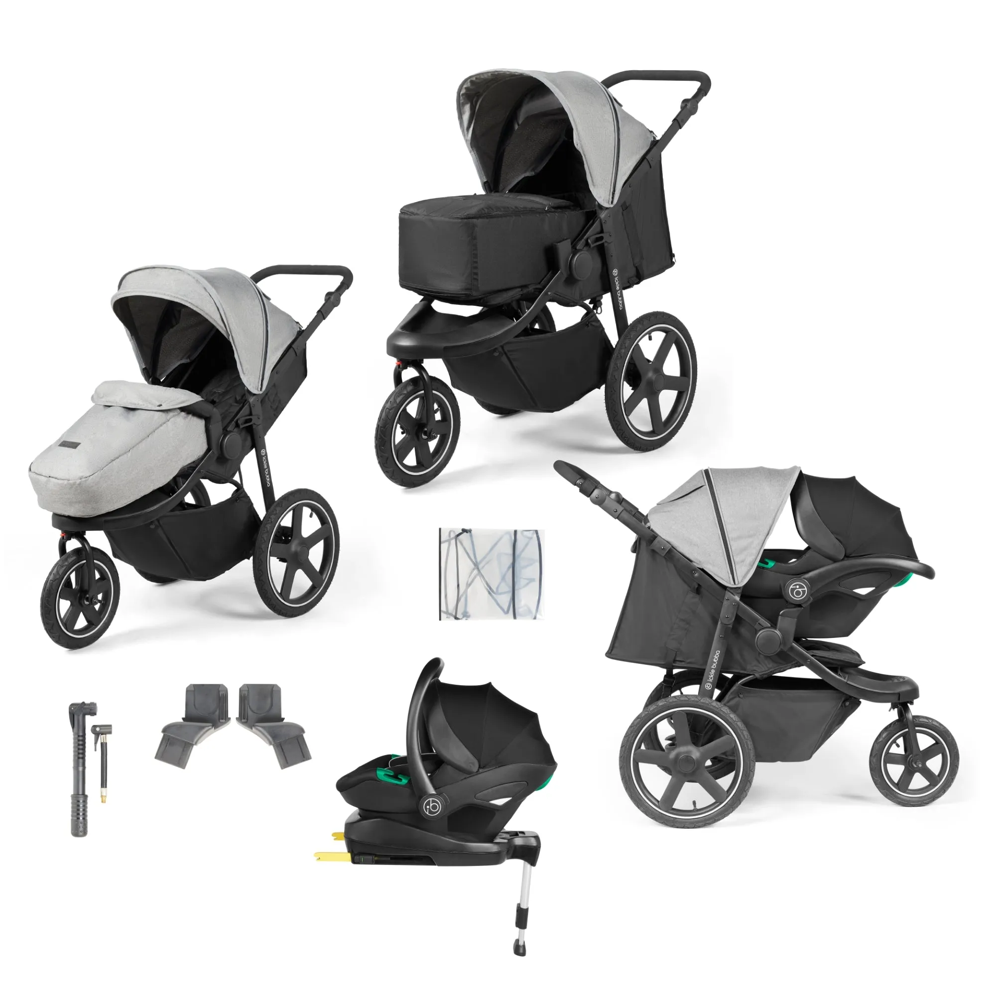 Ickle bubba Venus Prime Jogger Travel System with i-Size Car Seat & ISOFIX Base - Space Grey on Black