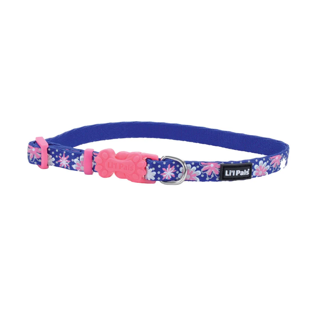 Li'l Pals Reflective Dog Collar, Blue with Pink Flowers Petite Small