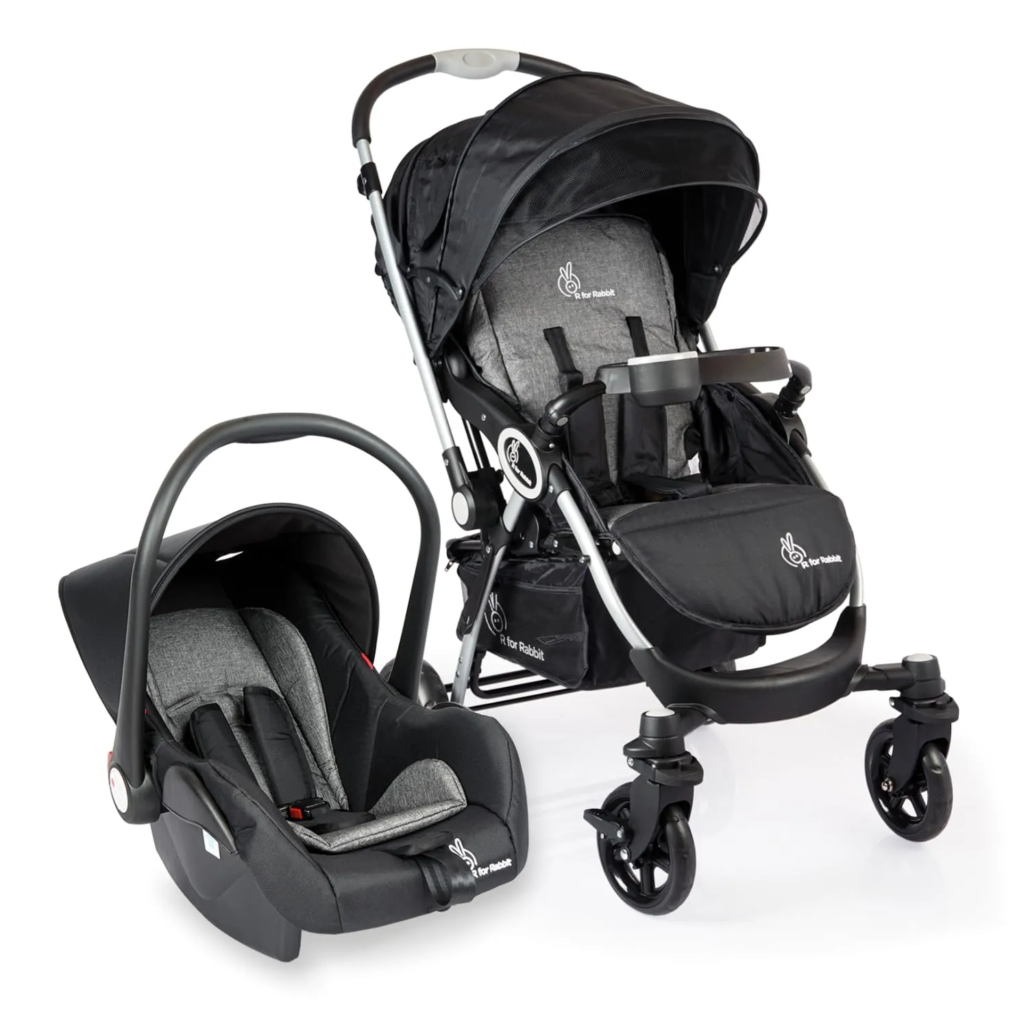 R for Rabbit Baby Travel System Chocolate Ride Baby Stroller & Pram Infant Car Seat for Kids, Travel Friendly Compact Fold for 0-3 Years Babies, Quick Fold & Sturdy | 6 Months Warranty | (Black Grey)