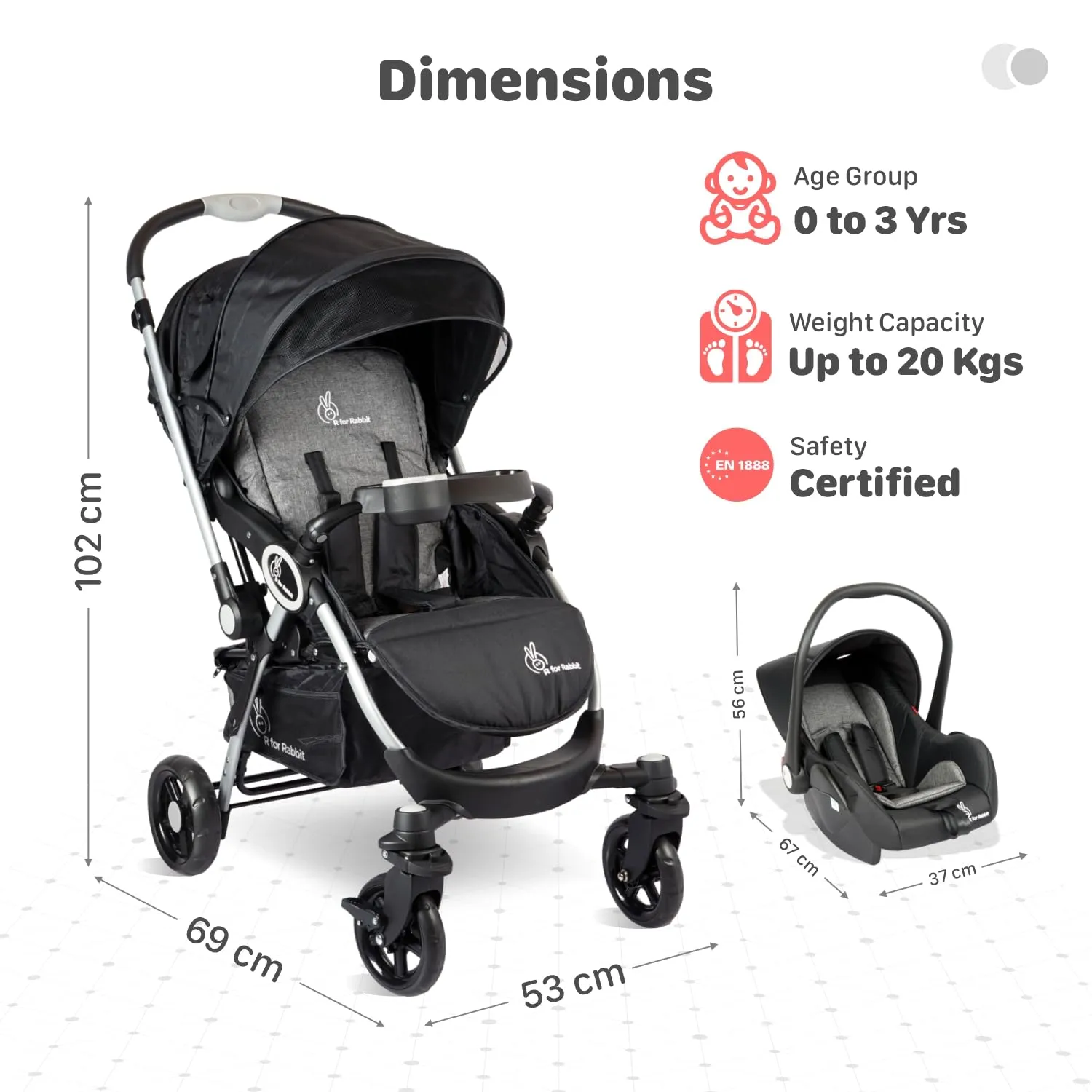 R for Rabbit Baby Travel System Chocolate Ride Baby Stroller & Pram Infant Car Seat for Kids, Travel Friendly Compact Fold for 0-3 Years Babies, Quick Fold & Sturdy | 6 Months Warranty | (Black Grey)