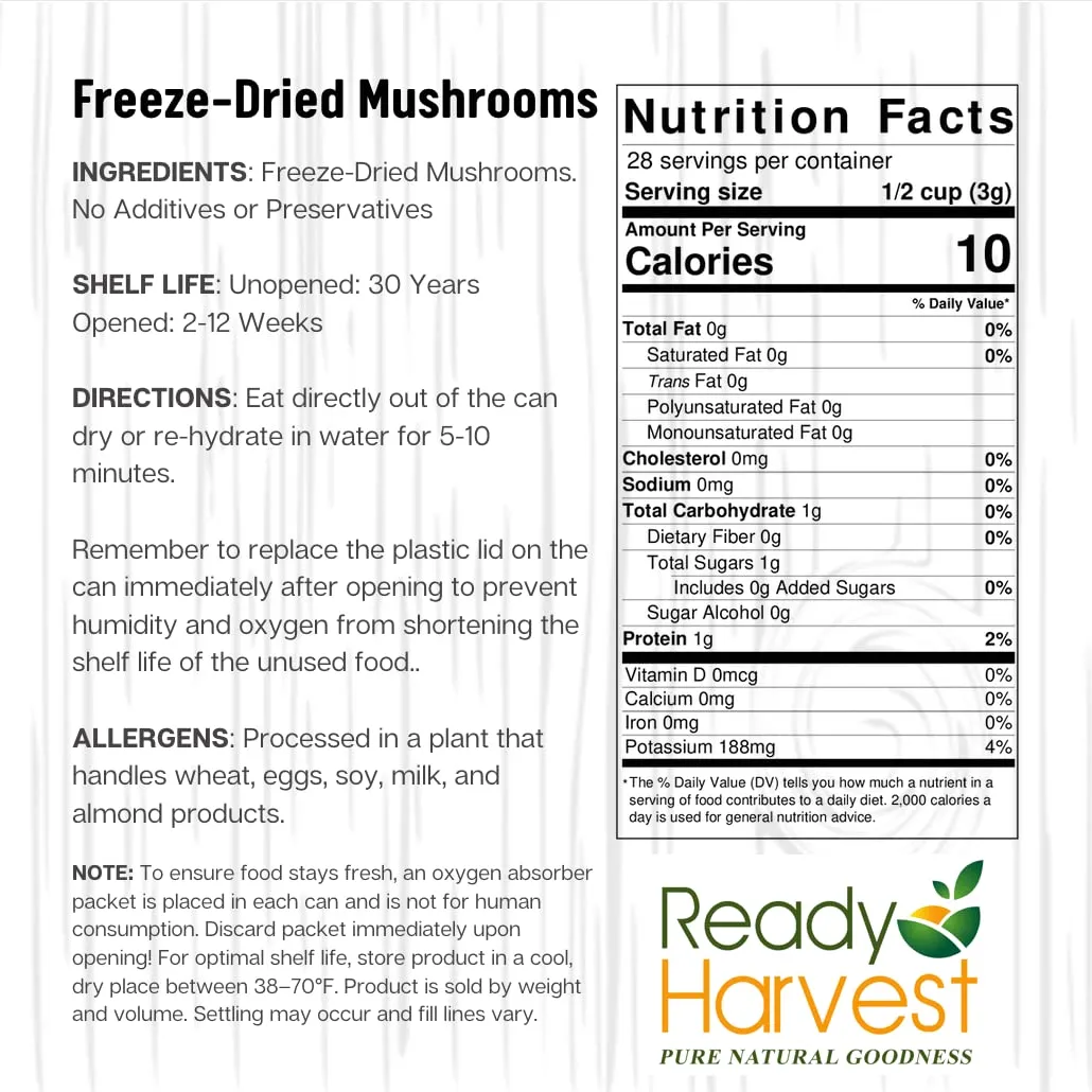 Ready Harvest Freeze-Dried Mushrooms - 30 Year Shelf Life - #10 Can