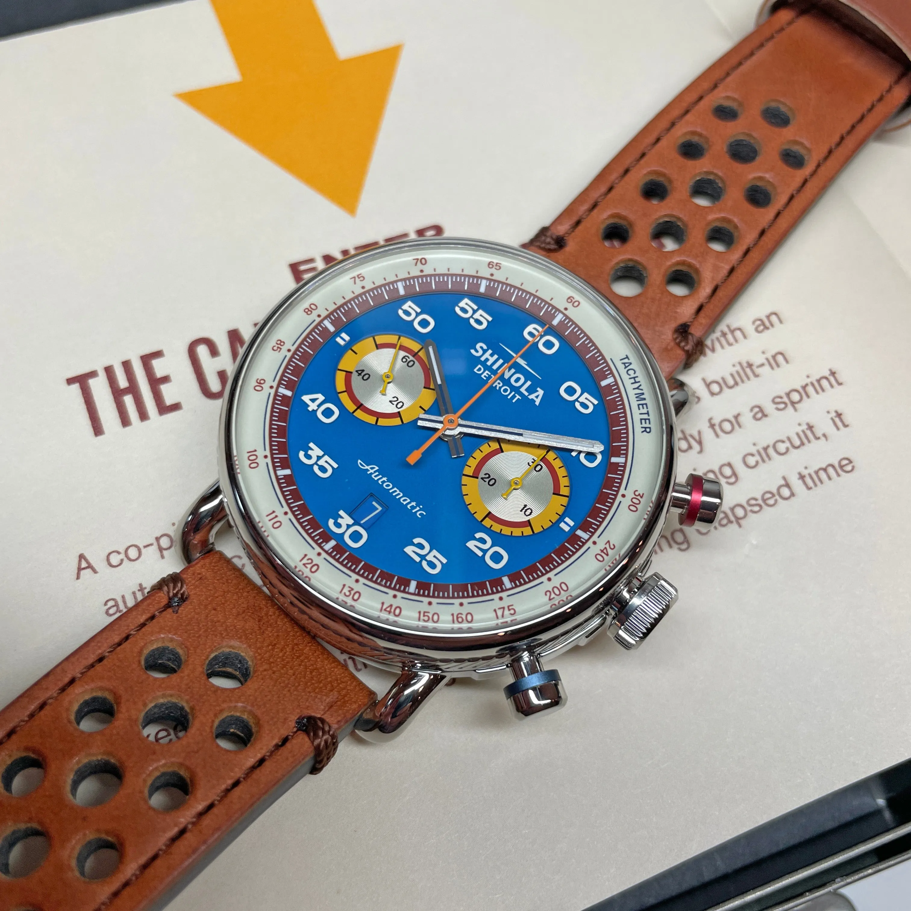 Shinola 44MM Limited Edition Canfield Speedway Horizon Blue Brown Leather Watch S0120291079 Lap 07