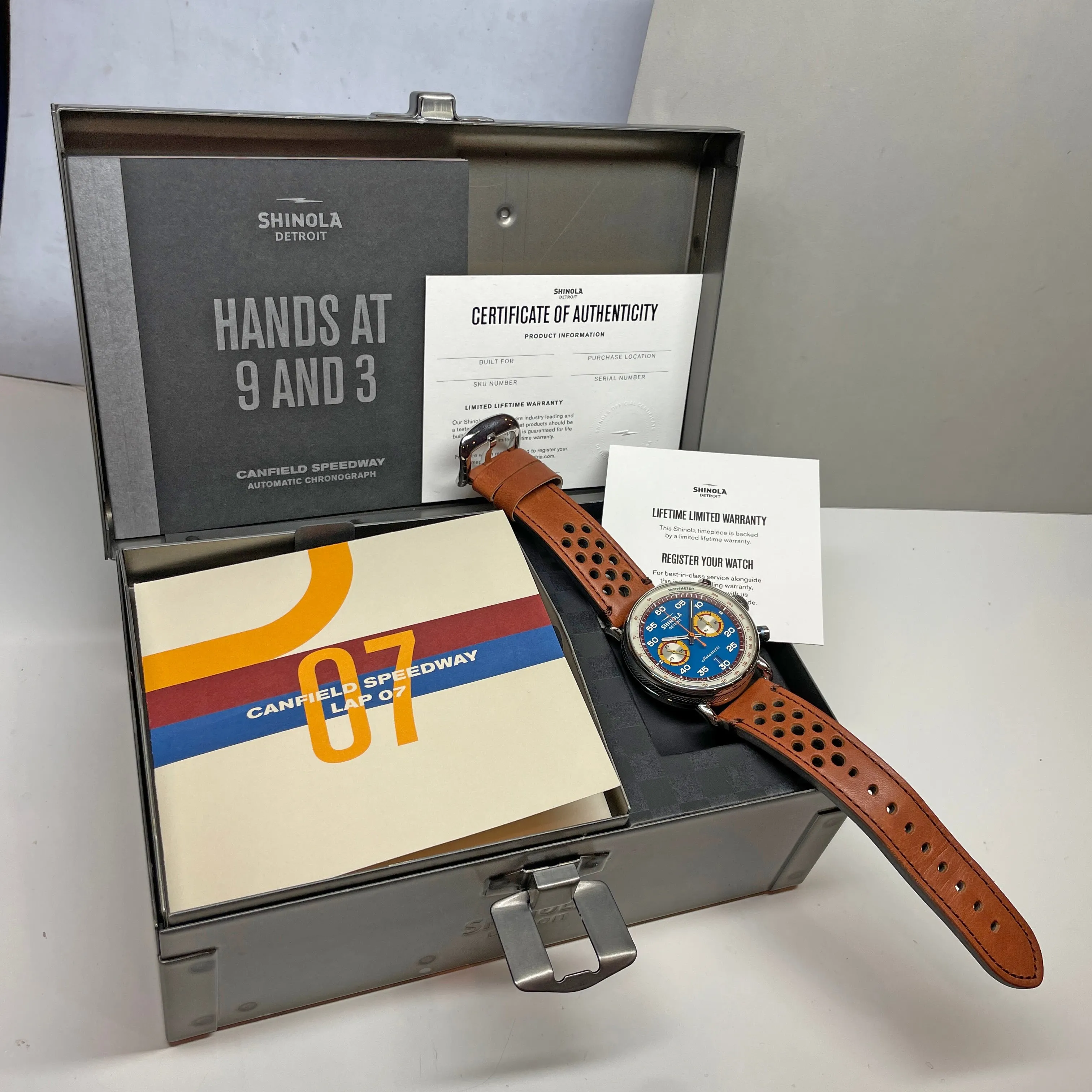 Shinola 44MM Limited Edition Canfield Speedway Horizon Blue Brown Leather Watch S0120291079 Lap 07