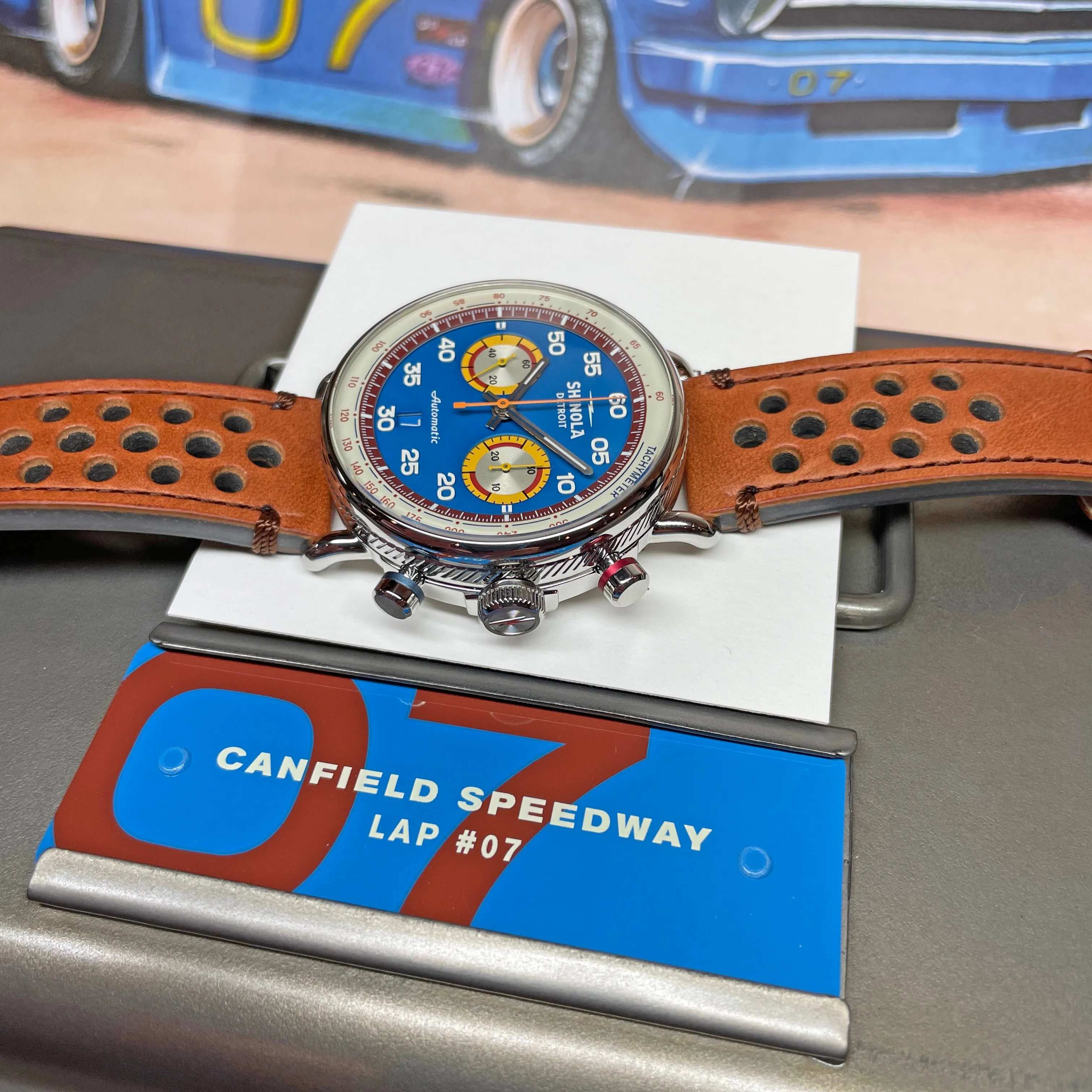 Shinola 44MM Limited Edition Canfield Speedway Horizon Blue Brown Leather Watch S0120291079 Lap 07