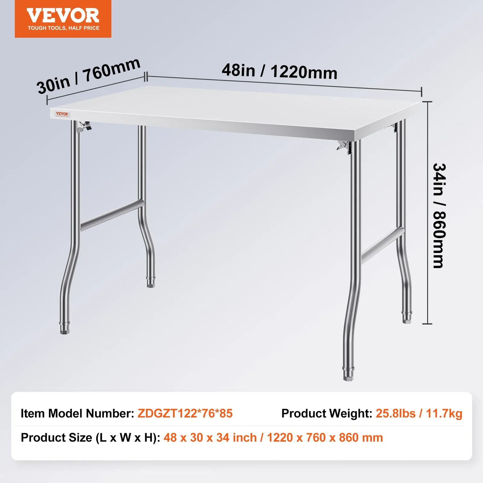 Vevor Folding Commercial Prep Table 48" x 30" Stainless Steel 220 Lbs. Capacity New