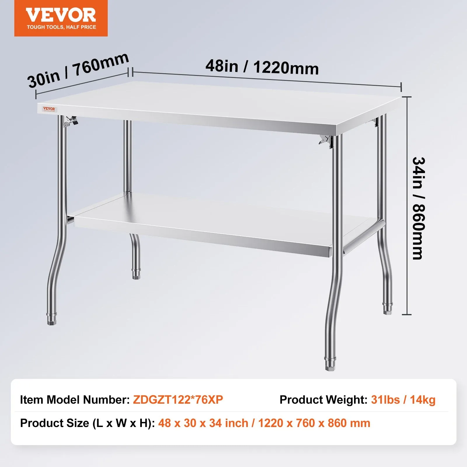 Vevor Folding Commercial Prep Table 48" x 30" Stainless Steel 300 lbs. Capacity with Bottom Shelf New