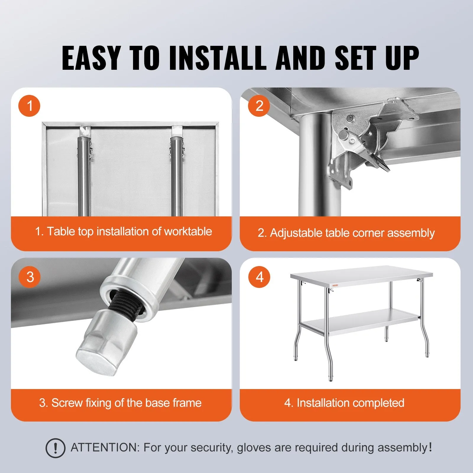 Vevor Folding Commercial Prep Table 48" x 30" Stainless Steel 300 lbs. Capacity with Bottom Shelf New