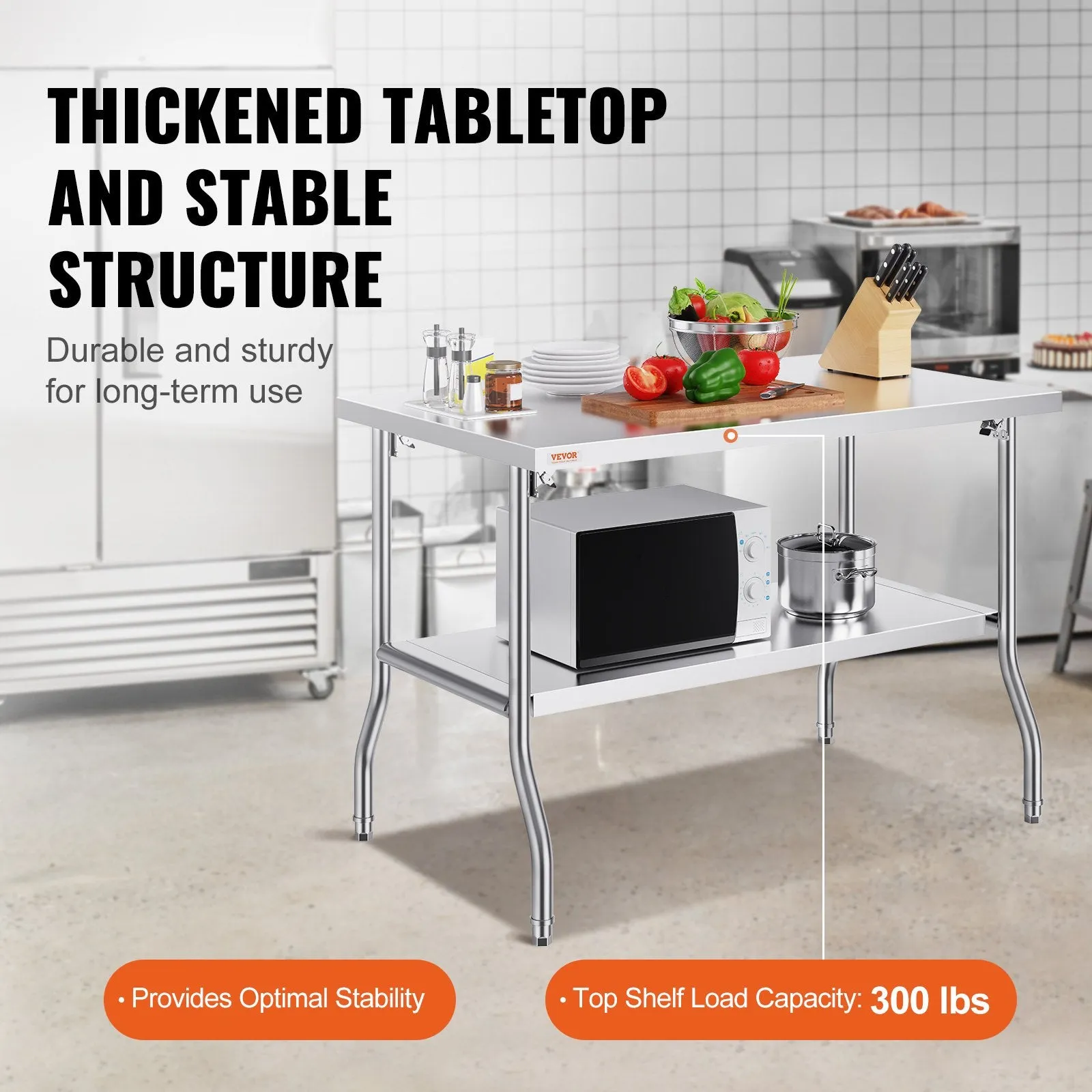 Vevor Folding Commercial Prep Table 48" x 30" Stainless Steel 300 lbs. Capacity with Bottom Shelf New