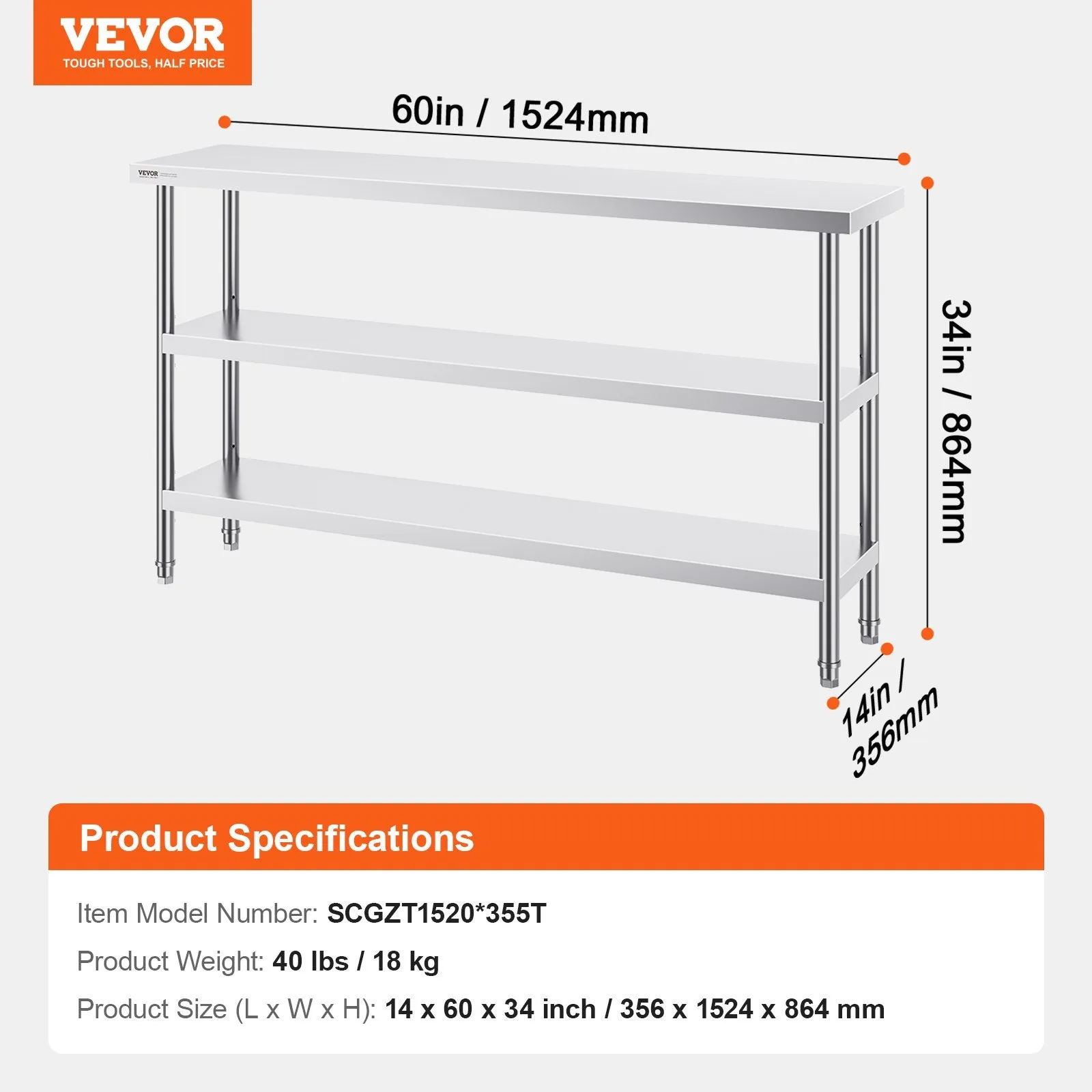 Vevor Prep Table 14" x 60" x 34" Stainless Steel 1200 Lbs. Capacity with 2 Adjustable Undershelf New