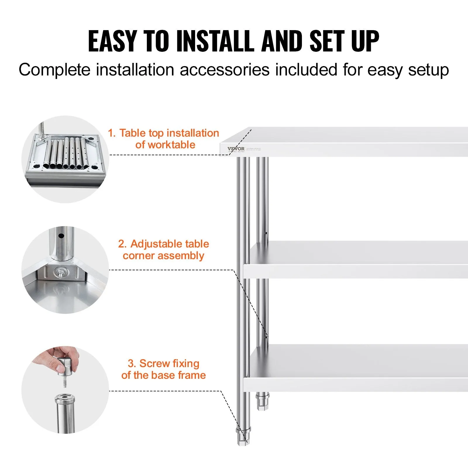 Vevor Prep Table 14" x 60" x 34" Stainless Steel 1200 Lbs. Capacity with 2 Adjustable Undershelf New